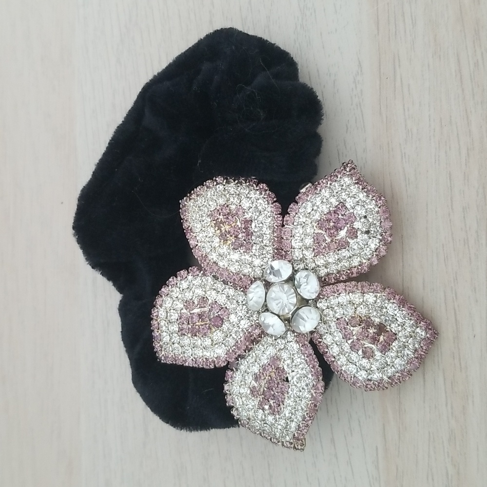 Jeweled Metal Flower Velvet Scrunchie